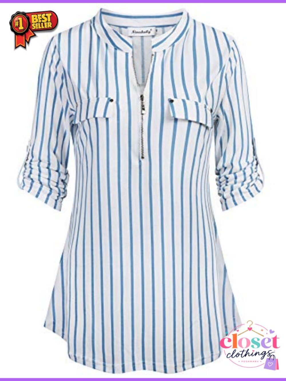 3/4 Sleeve Plaid Floral Zip Tunic Blouse Top
